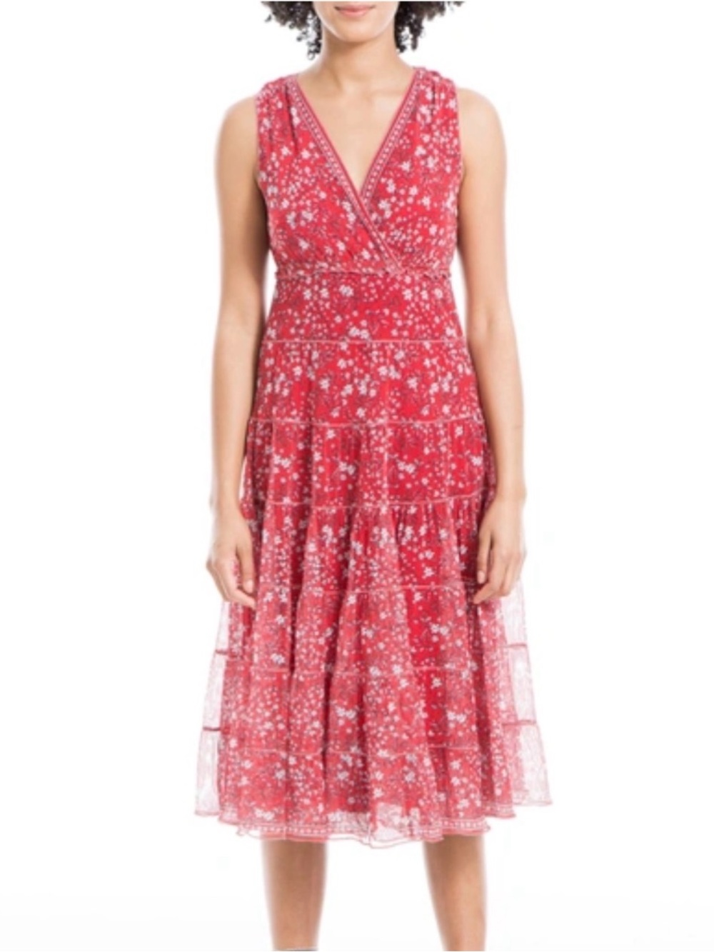 Max Studio Crimson Floral Tiered Maxi Dress